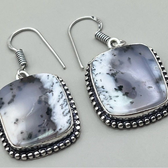 New Dendritic Opal Stone Crystal Silver Overlay Hook Earrings - Picture 4 of 5
